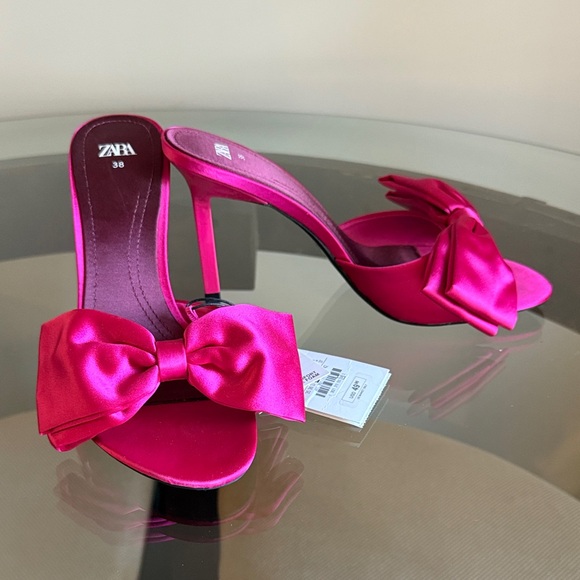 Zara Fuchsia Satin Bow Heels Size 7.5 - Picture 1 of 5